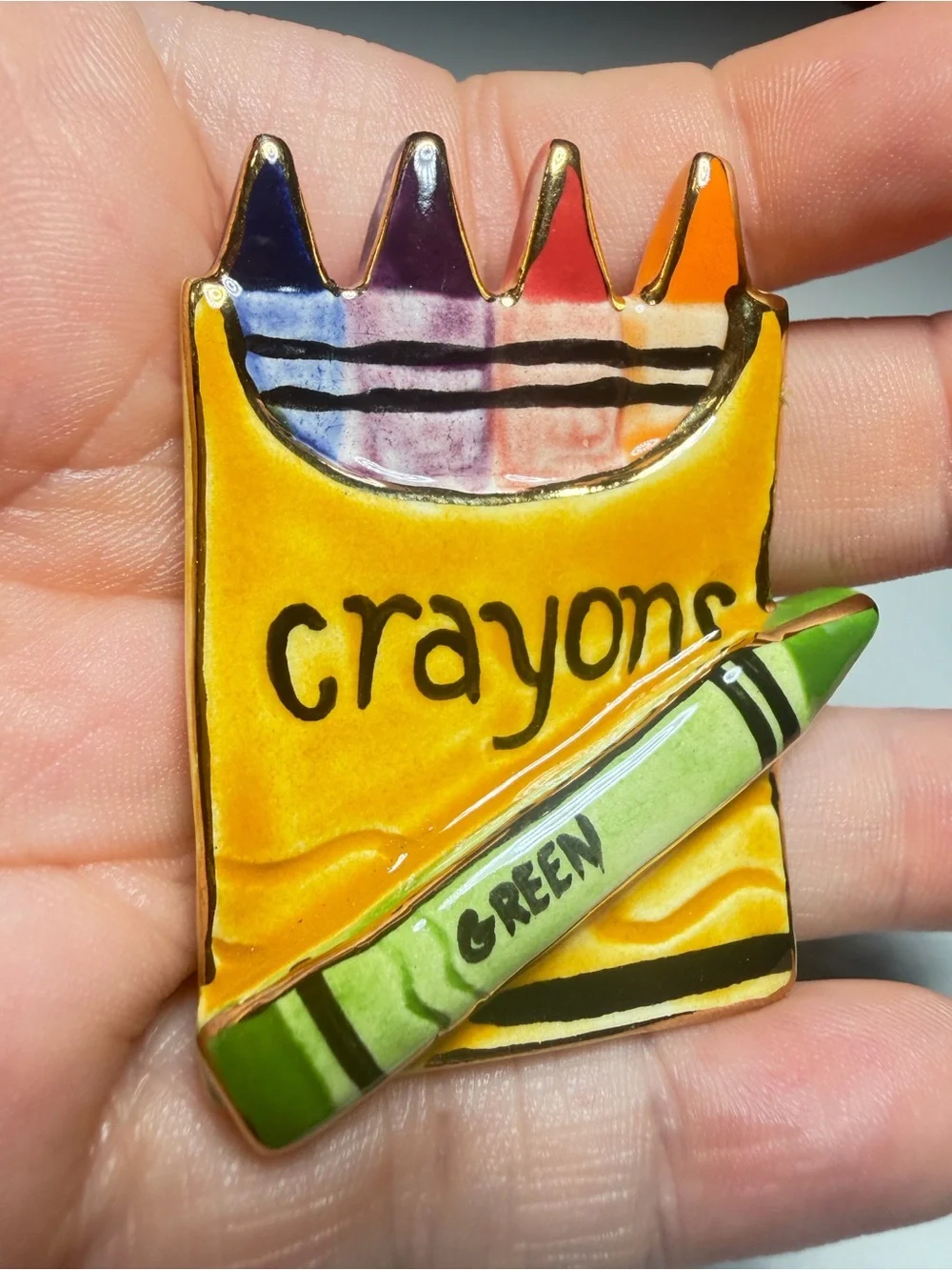 Crayon Box Brooch Hand Painted Ceramic Handmade Pin 2 inches